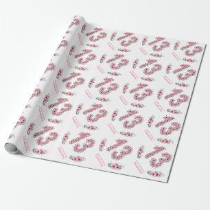 Birthday Big 13th Girl Pink Flowers Green Foliage Wrapping Paper