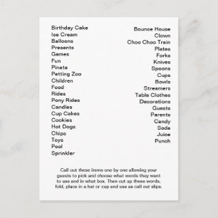 Birthday Bingo Card Call Out Words