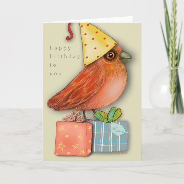 Birthday Bird Sitting on Presents (Blank Inside) Card (Front)