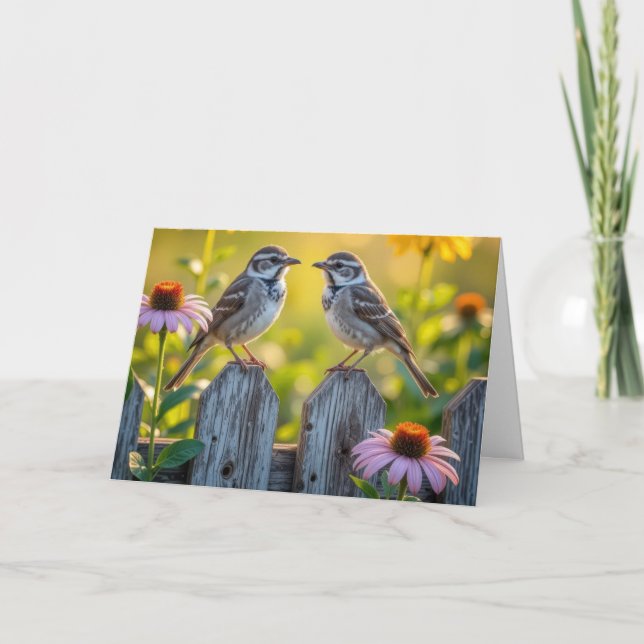 Birthday Birds and Cone Flowers On a Wood Fence Card (Front)