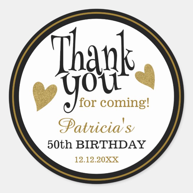 Birthday Black And Gold Thank You Favour Classic Round Sticker (Front)