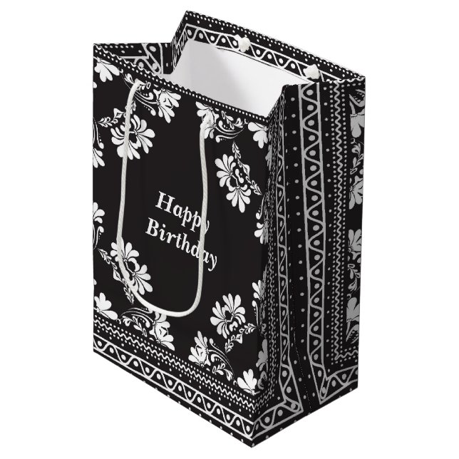 Birthday Black and White Bandanna Design Medium Gift Bag (Front Angled)