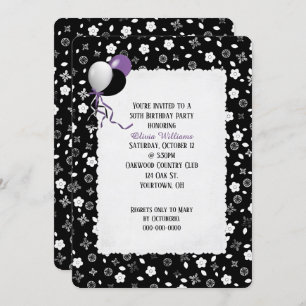 birthday black and white floral mini print invitation