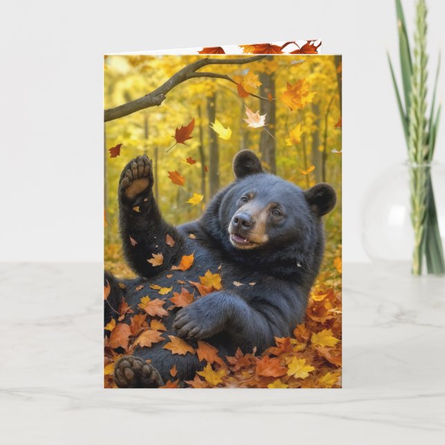 Birthday Black Bear Rolling In Autumn Leaves Card (Front)
