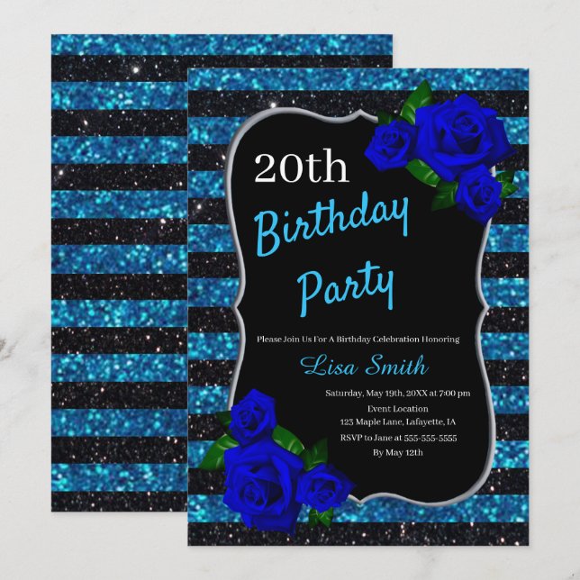 Birthday Black Blue Stripes Glitter Deep Blue Rose Invitation (Front/Back)