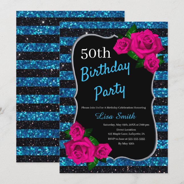 Birthday Black Blue Stripes Glitter Pink Roses Invitation (Front/Back)