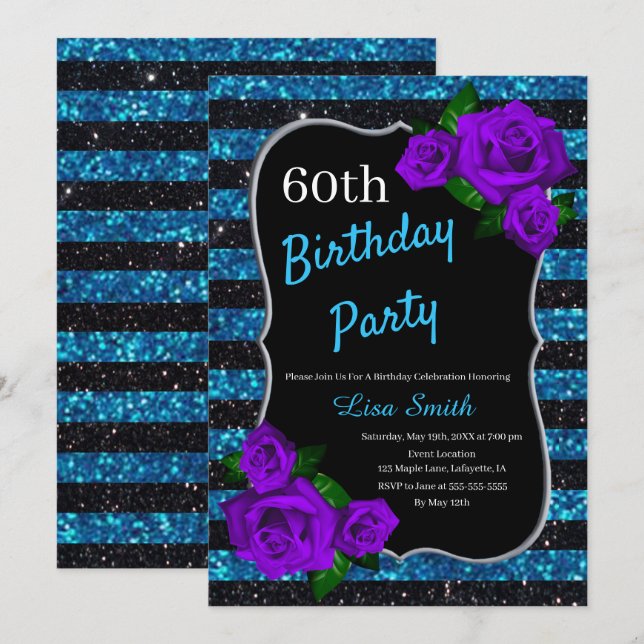 Birthday Black Blue Stripes Glitter Purple Roses Invitation (Front/Back)