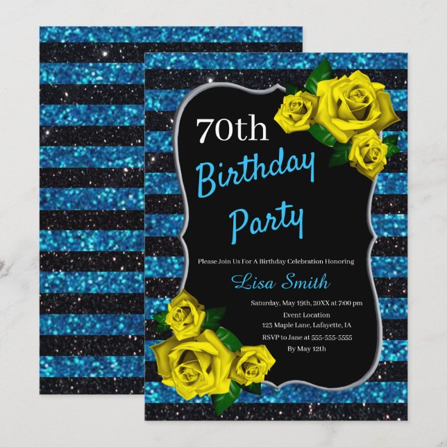 Birthday Black Blue Stripes Glitter Yellow Roses Invitation (Front/Back)