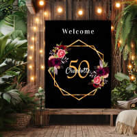 Birthday black burgundy florals geometric welcome