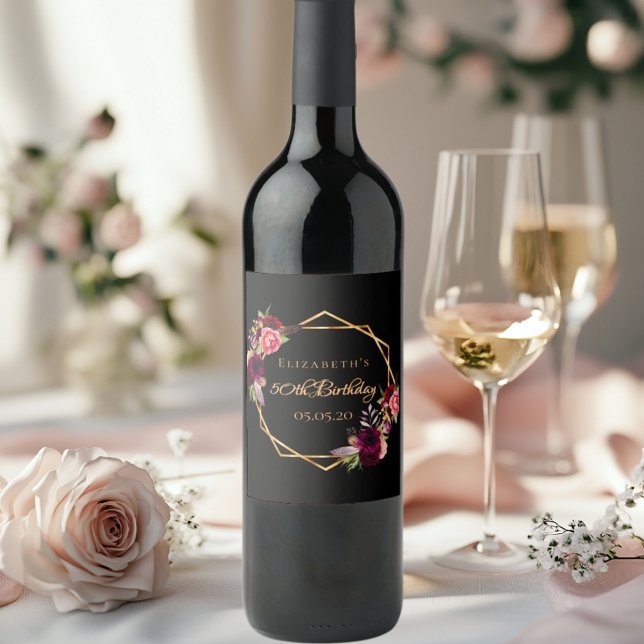 Birthday black burgundy gold geometric floral wine label (Creator Uploaded)