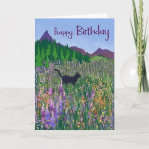 Birthday Black Cat and Wildflowers Card
