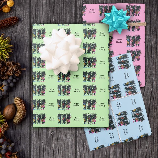 Birthday Black Cat Musicians Heart of Music Notes Wrapping Paper Sheet (Black cats playing music hearts of music notes on green, blue and pink gift wrapping paper sheets.)