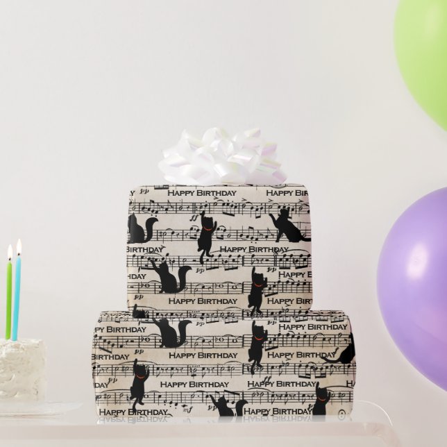 Birthday Black Cats On Sheet Music Wrapping Paper (Party Gifts)