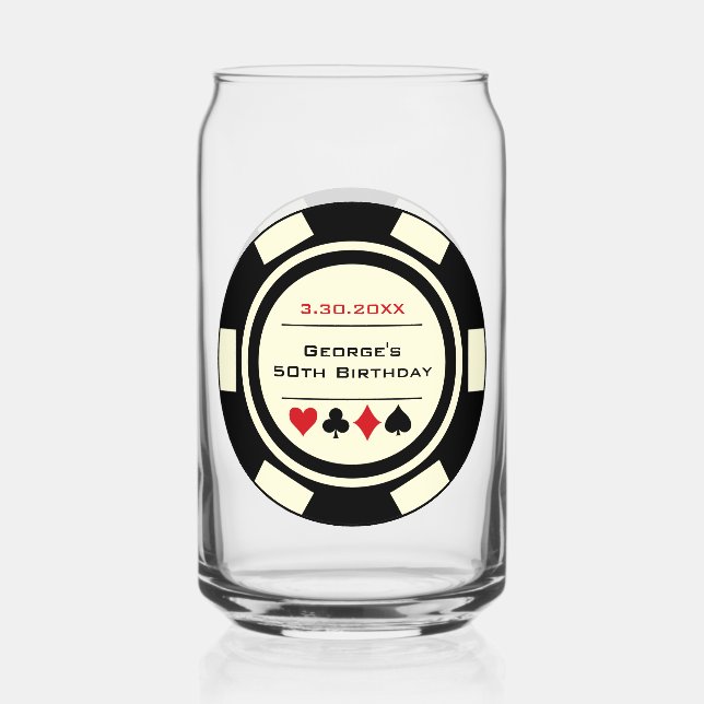 Birthday Black Cream Poker Chip Las Vegas Themed Can Glass (Front)