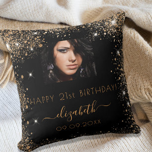 Birthday black custom photo gold glitter monogram cushion