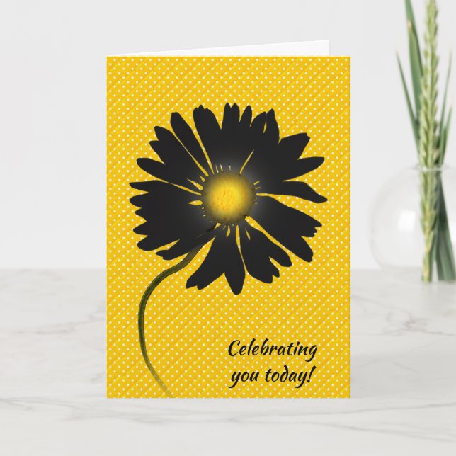 Birthday Black Daisy On Polka Dots Card (Front)