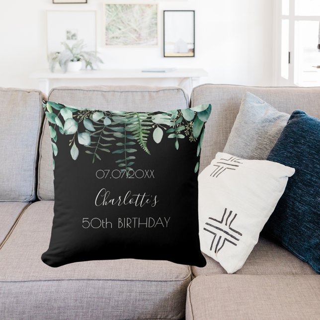Birthday black eucalyptus greenery forest name cushion (Creator Uploaded)