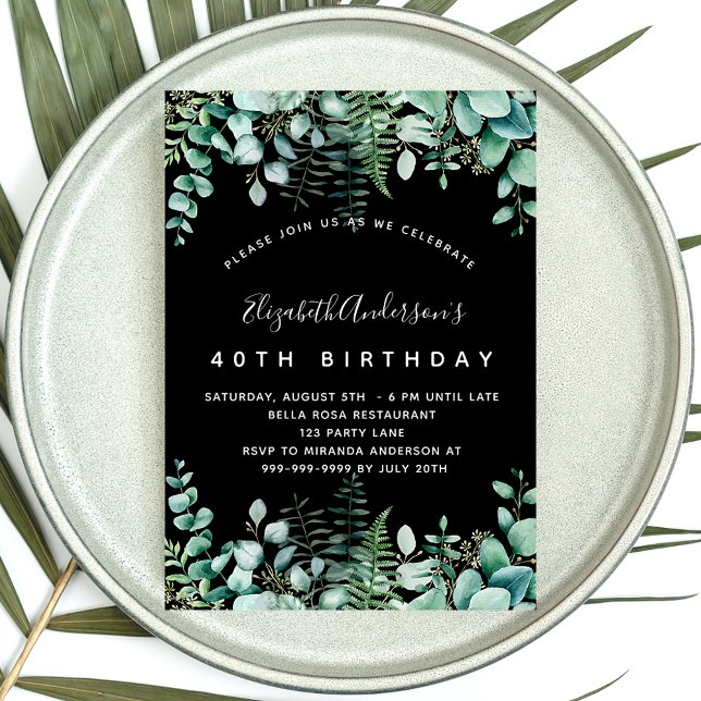 Birthday black eucalyptus greenery woodland invitation postcard (Creator Uploaded)