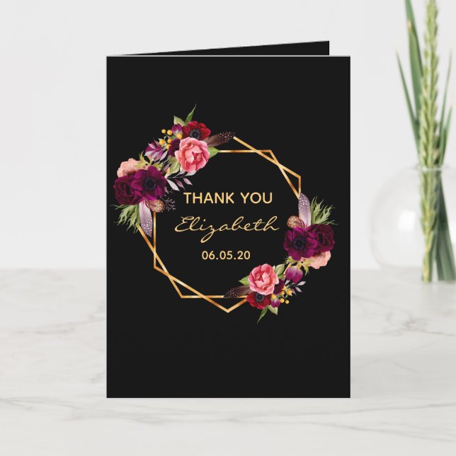 Birthday black floral gold geo photo thank you card (Front)