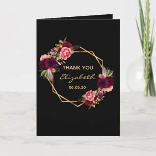 Birthday black floral gold geo photo thank you card