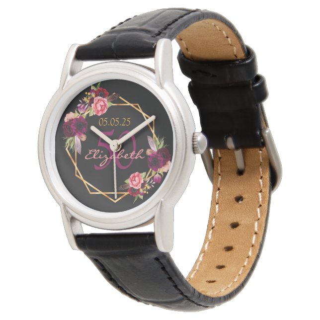 Birthday black florals  geometric burgundy watch (Angled)