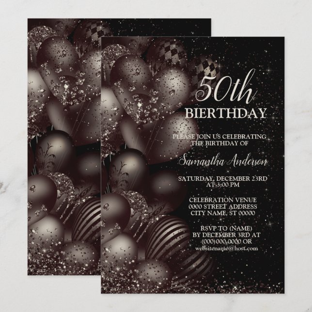 Birthday Black Glitter Balloons Sparkle Party Invitation (Front/Back)