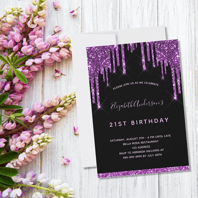 Birthday black glitter drips purple modern chic invitation (Creator Uploaded)