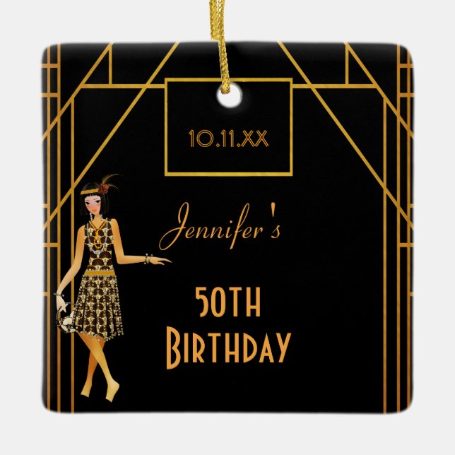 Birthday black gold 1920's style art deco retro ceramic ornament (Front)