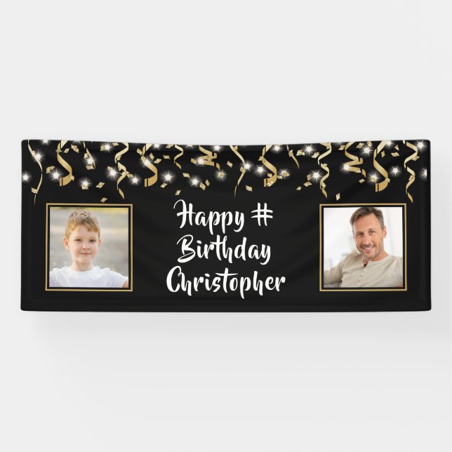 Birthday Black Gold 2 Photo Confetti Lights Banner (Horizontal)