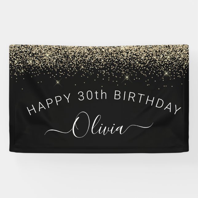 Birthday Black Gold Any Age Glitter Girly Banner (Horizontal)