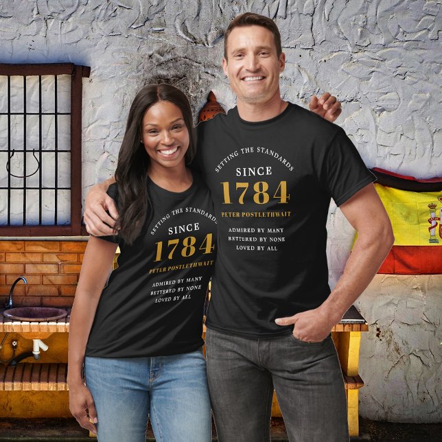 Birthday Black Gold Any Year T-Shirt (Black and gold personalized birthday t-shirts for any age. Easily edited text.)