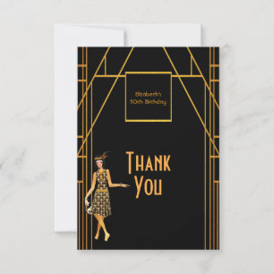 Birthday black gold art deco Thank you Card