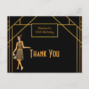 Birthday black gold art deco Thank you Postcard