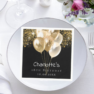 Birthday black gold balloons glitter napkin