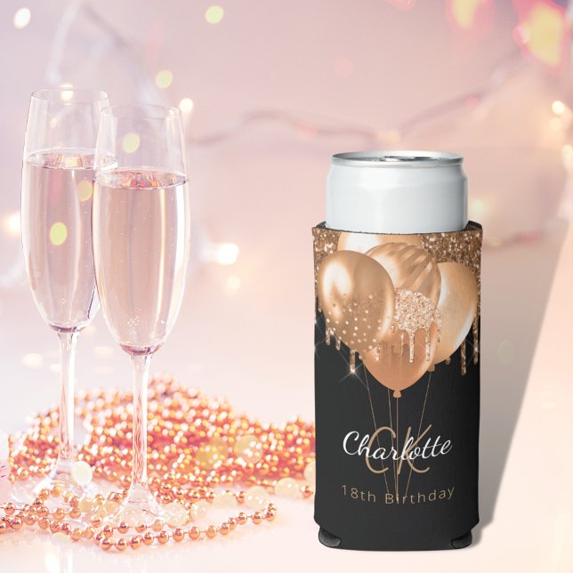 Birthday black gold balloons monogram name seltzer can cooler (Creator Uploaded)