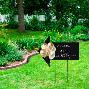 Birthday black gold balloons name arrow garden sign