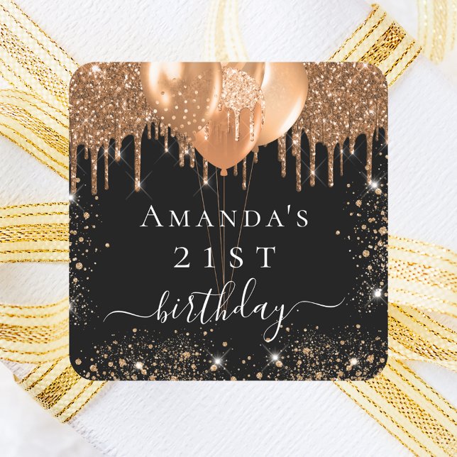 Birthday black gold balloons party favour square sticker (Creator Uploaded)