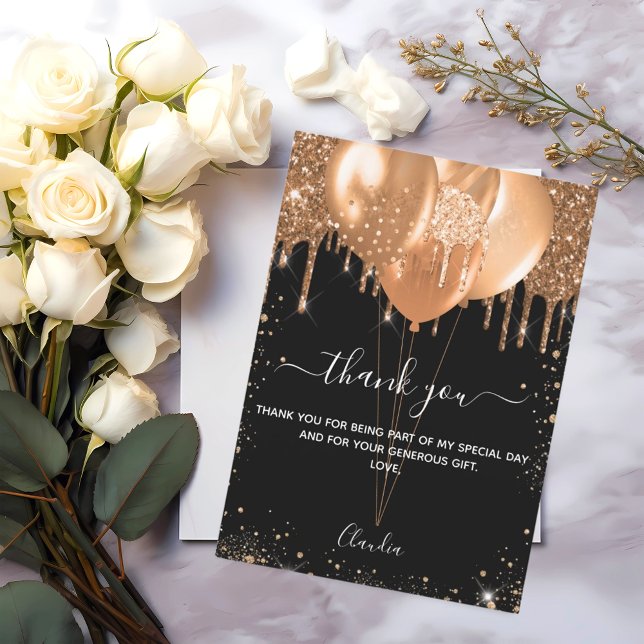 Birthday black gold balloons thank you card (Creator Uploaded)