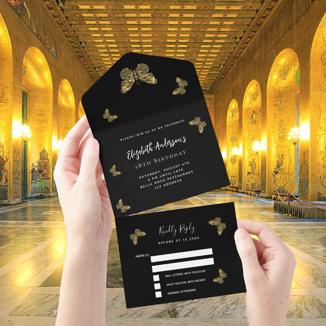 Birthday black gold butteflies party RSVP All In One Invitation (Creator Uploaded)