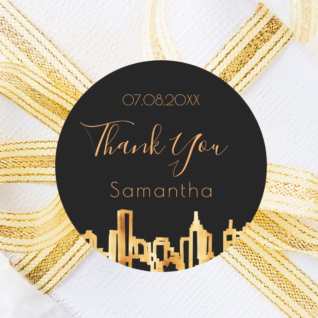 Birthday black gold city skyline modern thank you classic round sticker (Creator Uploaded)