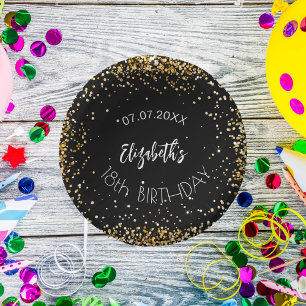 Birthday black gold confetti girl name paper plate