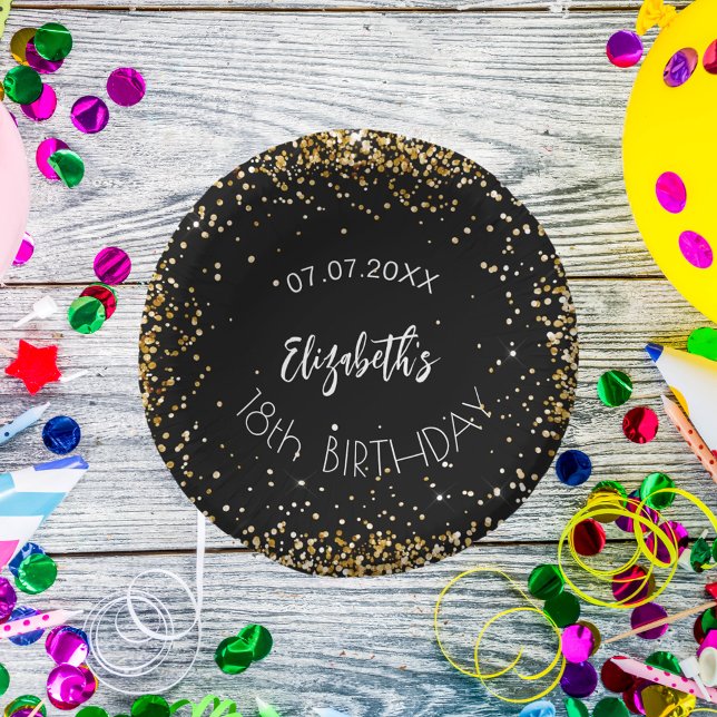 Birthday black gold confetti girl name paper plate (Creator Uploaded)