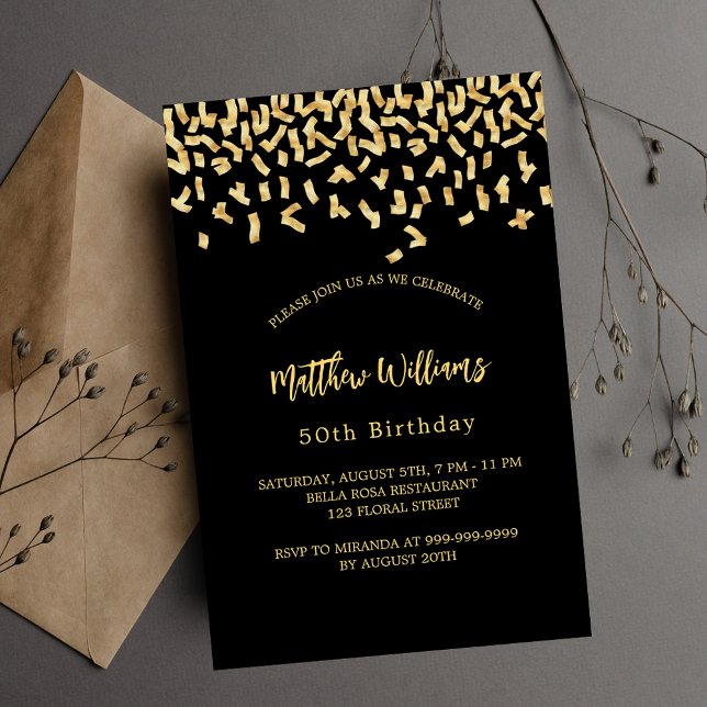 Birthday black gold confetti luxury invitation (Creator Uploaded)