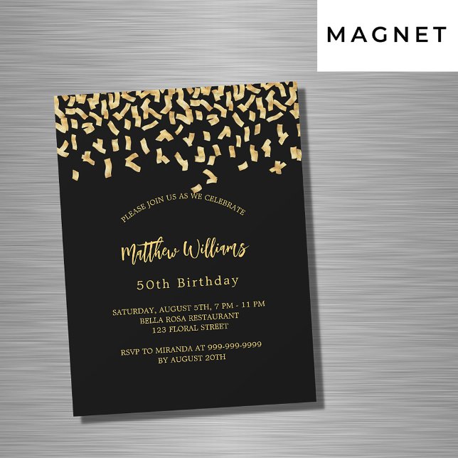 Birthday black gold confetti luxury magnetic invitation (Creator Uploaded)