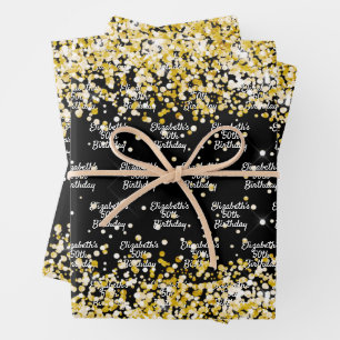 Birthday black gold confetti name wrapping paper sheet