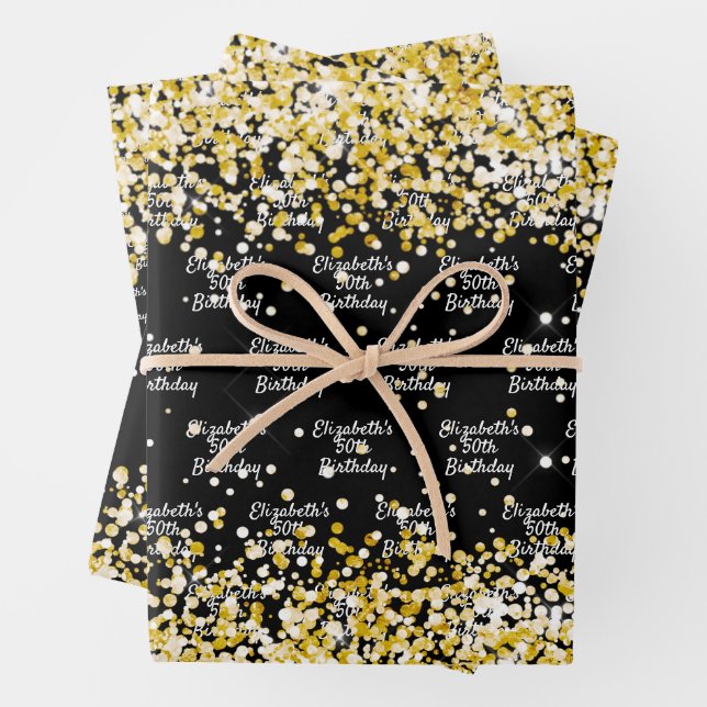 Birthday black gold confetti name wrapping paper sheet (In situ)