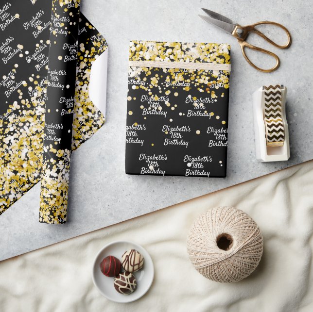 Birthday black gold confetti sparkle name wrapping paper (Crafts)
