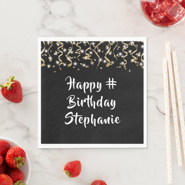 Birthday Black Gold Confetti Streamers Custom Text Napkin (Insitu)