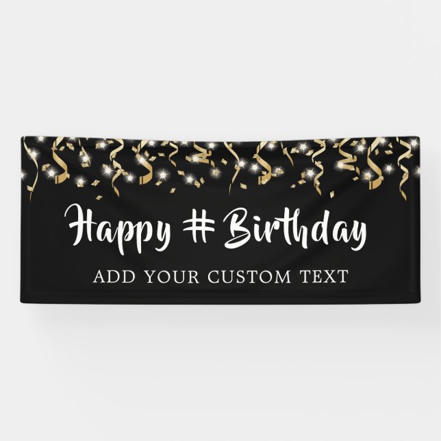 Birthday Black Gold Confetti Streamers Personalise Banner (Horizontal)