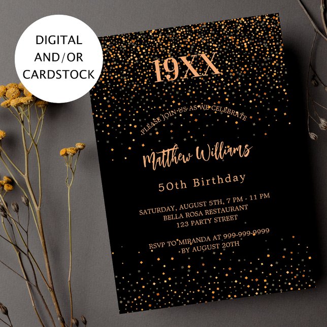 Birthday black gold confetti year birth invitation (Creator Uploaded)